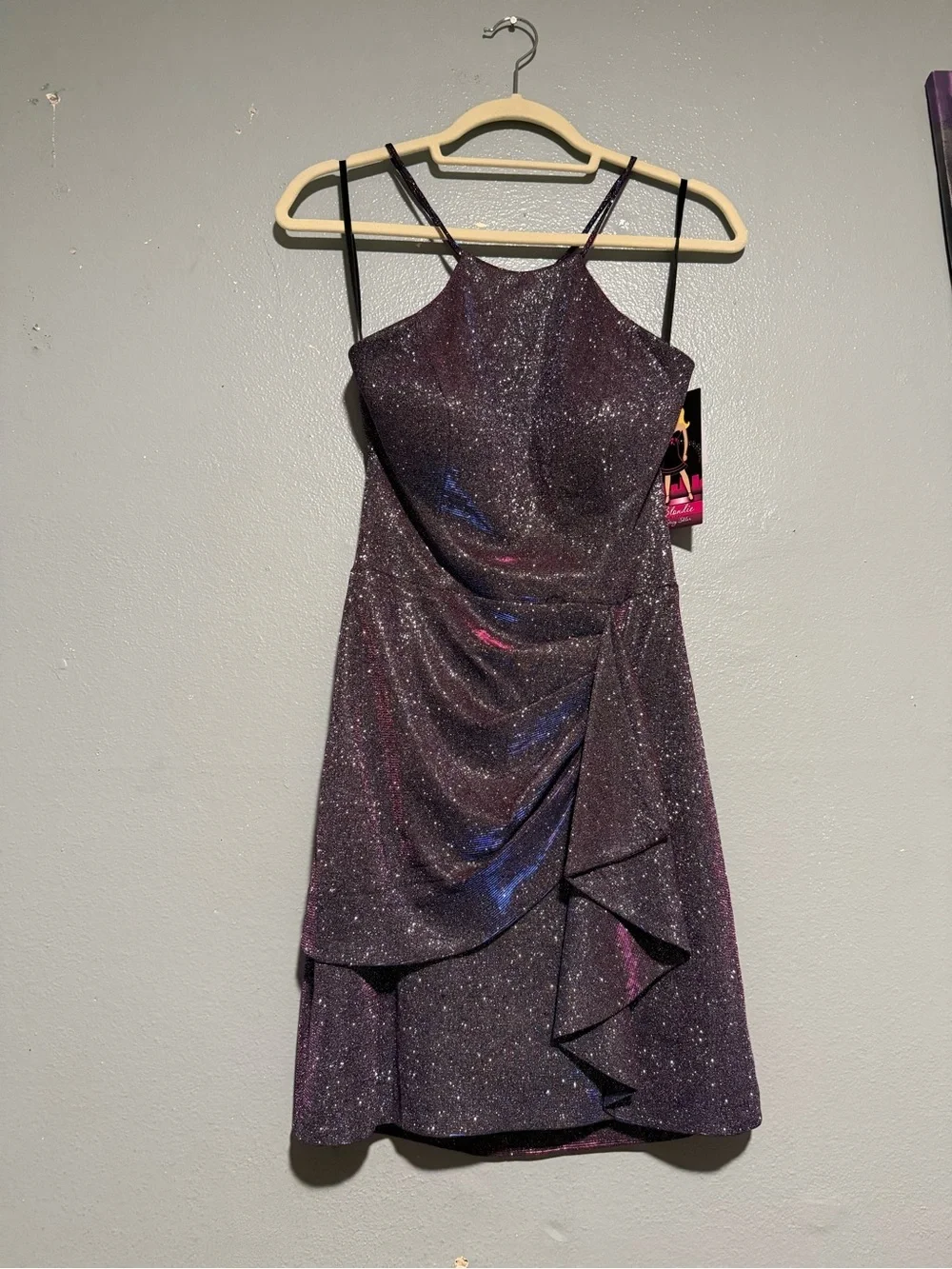 NWT Blondie Nites Glitter Ruffled Mini Dress - Purple size 5